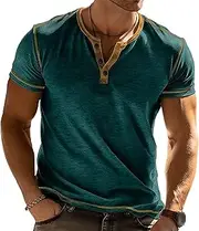 [Aosufei] Men's Crew Neck Button Up T-Shirt Color Matching Slim T-Shirt Lightweight Short Sleeves Summer T-Shirts