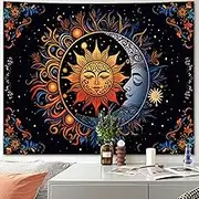 Apdidl Hippie Sun and Moon Tapestry Wall Hanging for Bedroom Aesthetic, Boho Bohemian Hippy Mystic Floral Tapestries, Mandala Floral Backdrop Decor for Living Room Dorm (51"X60")