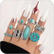 [Aonklot] 8/9 Pcs Turquoise Rings for Women Vintage Stackable Rings Boho Rings Midi Finger Rings Knuckle Rings Set Western Jewelry for Girls