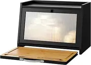 [kiplant] Bread Box for Kitchen Counter, Bamboo Bread Storage Container with Wavy Arcylic Transparent Door, Bamboo Wooden Farmhouse Bread Box for Your House (Black + Cutting Board)