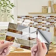 Morbuy Oil Proof Tile Stickers, Waterproof Peel and Stick Backsplash Stick on Tiles Modern Style Self Adhesive Wall Tiles PVC Tile Stickers for Kitchen, 10x20cm (12PCS,Brown)
