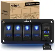 4 Gang Rocker Switch Panel Blue Backlit with PD Type C and USB Charger Voltme...