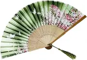 Green with Butterflies Floral Patterned Hand Fans, Vintage Silk Looking and Japanese Lace Designs with Bamboo Frames, Handheld Folding Fans Perfect for Weddings, Parties and Church Events
