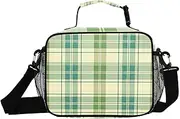 Green Plaid Fabric Insulated Lunch Box for Women Men - Ideal for Work, Picnics - Includes Adjustable Shoulder Strap