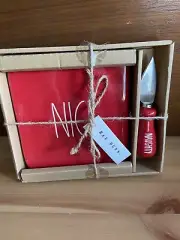 New Rae Dunn Red Naughty & Nice Cheese Board Tray Platter Knife Set NEW Trivet+