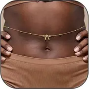 [KOFISNI] Gold Waist Chain for Women 14K Real Gold Plated Body Chain Adjustable Waterproof Belly Chain Summe Sexy Beads Bikini Satellite Heart Bow Chain Jewelry Gifts, 90cm, Non-Precious Metal, No Gemstone