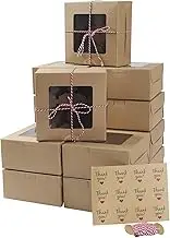 ST.LORIAN 30 Packs Bakery Cupcake Boxes with Window and Inserts 4 Holders,Twine and Stickers,6x6x3 Inch Food Grade Kraft Cookie Boxes for Muffins,Small Cakes,Cupcakes(30 Pack, Kraft)