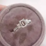 3.20Ct Emerald-Cut Real Moissanite Three Stone Wedding Ring 14k White Gold Over