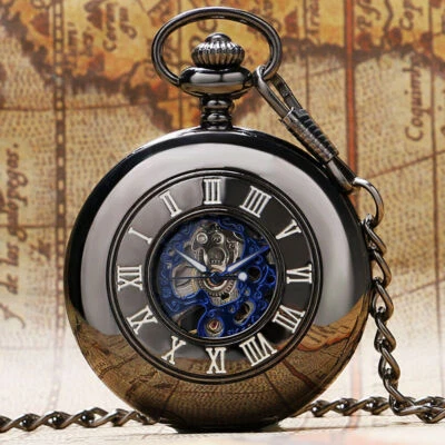 Fashion Black Mechanical Handwinding Pocket Watch Men Women FOB Chain Gift