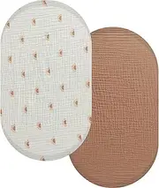 LUCKQUE 2Pcs Breathable Bassinet Sheets Set, Stretchy Soft Baby Cradle Sheet, Sun Print, Fits Oval (33" x 17"), Hourglass (30" x 18"), Small Rectangle (28" x 14") Mattress, Coffee + Sun