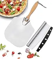 Mofish Pizza Peel and Cutter Set for Oven - Aluminum Paddle With Folding Wood Handle, Stainless Steel Spatula Slicer for Baking Pies, Breads and Pastries