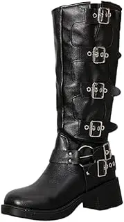[Generic] Moto Boots Women Square Toe Pull On Boots Wide Calf Riding Boots Fashion Buckles Chunky Boots Metallic Casual Vintage Buckle Rivet Boots, Black, 8