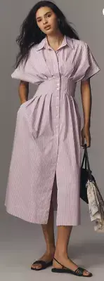 Anthropologie The Tobie Button-Front Pleated Shirt Dress by Exquise