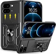 [Haeuorey] for Google Pixel 9 Pro Fold Case with Camera Cover & Kickstand, Slide Lens Protection + 360° Rotate Ring Stand, Shockproof Protective Armor Case for Pixel 9 Pro Fold 2024 (Black)