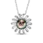 8.0mm Grey Cultured Tahitian Pearl and Baguette Lab-Created White Sapphire Flower Pendant in Sterling Silver