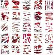 30 Sheet Halloween Face Fake Scar Tattoos, Halloween Zombie Makeup Kit Decoration for Kids, Vampire Bite Wounds Cuts Waterproof Fake Blood Tattoo for Party Supplies Cosplay Props