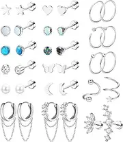 [YADOCA] 17Pairs Surgical Steel Flat Back Earrings For Women Men Hypoallergenic Cartilage Earrings Stud Hoop Small Tiny Screw Back Flatback Earrings Set Helix Tragus Daith Piercing Jewelry 20G Silver