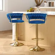 2x Artiss Bar Stools Gas Lift Velvet Woven Backrest Navy
