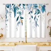 Blue Eucalyptus Kitchen Curtains, Plant Window Treatment, 27.5Wx39H A Leaf Blue