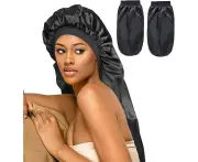 CMD 2 Pack Satin Sleep Cap for Long Hair Dreadlock Extra Large Silk Bonnet Sleeping Cap for Women Black