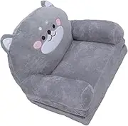 Fdit Cartoon Gray Dog Style Foldable Kids Sofa with Wide Handle, Soft Breathable Toddler Chair for Reading, Relaxing, Sleeping (2 Tier)