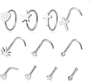 [Niaspi] 11Pcs 20G Heart Star Cross Nose Rings for Women Surgical Steel Hoop Nose Rings Corkscrew Nose Studs Screws Straight Post Nose Rings Nose Piercing Jewelry, 20g, Stainless Steel, no gemstone