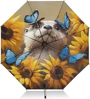 [PDZRMY] Otter Sunflower Cute UV Protection Travel Umbrella Compact for Rain and Sun - Auto Open and Close UPF 50+ Windproof Portable 46” Sun Umbrella for Women and Men