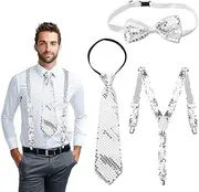 [UOCAI] Set of 3 Sequin Braces Set, Glitter Outfit, Men's Glitter Bow Tie, Disco Costume, Fancy Dress Accessories for Disco, Carnival, Halloween, Theme Party, silver, Large