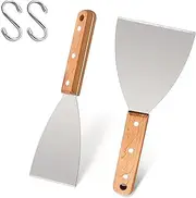 Leonyo Grill Griddle Scraper Set of 2, Stainless Steel Metal Flat Top Grill Scraper Tool for Dough Pancake Pizza Home Baking Cooking Teppanyaki BBQ, Wooden Handle