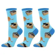 3x Socksmith Ladies Fashionable Trendy Novelty Socks Cat in a Box Azure