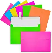 Neon A4 Envelopes - 112-Count Invitation Envelopes, 4 x 6 Gummed Seal Square-Flap Invite Envelope for Wedding, Birthday, Baby Shower, Greeting Card, 120gsm, 7 Assorted Colors, 4.25 x 6.25 Inches