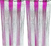 CYBERNOVA 2 Pack Fringe Curtain Backdrop Two-Toned, 3.2Ft x 6.6Ft Metallic Tinsel Foil Fringe Streamers Curtains Background for Wedding Birthday Anniversary Graduation Party Decoration (Pink-Silver)