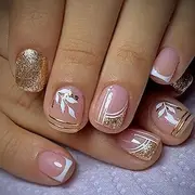 Auiremrti Pack of 24 short square press on nails, short nude shiny golden lines artificial nails, artificial nails for gluing, leaf artificial nails for women and girls