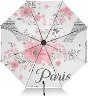 [RPLIFE] Umbrella, Auto Open Close Umbrella Compact Windproof, Compact Size for Backpacks/Handbags - for Travel, Cute Pink Flowers Eiffel Tower White