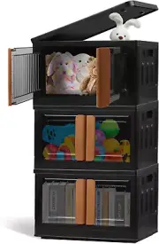 Foldable Storage Boxes with Lids, 3-Tier Stackable Storage Bins with Doors and W