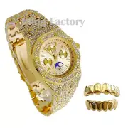 MEN HIP HOP ICED RAPPER'S METAL BLING WATCH & GOLD PLATED GRILLZ GIFT COMBO SET
