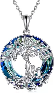 Mom Tree of Life 925 Sterling Silver Blue Crystal Pendant Jewelry Gift for Women