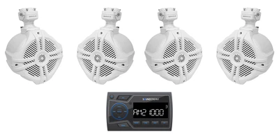 Soundstream MHU-32 Marine Boat Bluetooth Receiver+(4) 6.5" White Tower Speakers