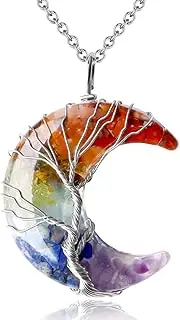 MAIBAOTA Tree of Life Wire Wrapped Crescent Moon Pendant Necklace Natural Resin Healing Crystal Stone Necklaces Reiki Quartz Gemstone Spiritual Jewelry for Women