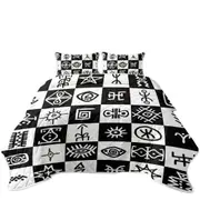 Black and White Aztec Symbols Checkers Coverlet