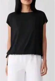 Eileen Fisher Large Black Stretchy jersey Tencel Boxy Top String Ties