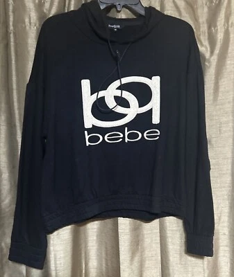 bebe Sport Hoodie Women's XL Black Cropped Embossed Logo Pullover