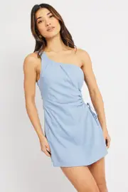 Blue Mini Dress One Shoulder - Size 12, Women's Skater Dress