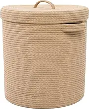 Extra Large Storage Basket with Lid, Cotton Rope Storage Baskets, Laundry Hamper, Toy Bin, for Toys Blankets Storage in Living Room Baby Nursery (Full Beige, 16"x16"x18")