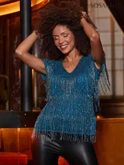 Sosandar Blue Embellished Fringe Tassel Top (AN2434) | $159