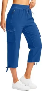 Soothfeel Women's Cargo Capri Pants, 6 Pockets Lightweight Quick Dry Blue XL B15
