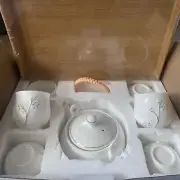 Dujust Japanese Tea Set White Porcelain: 1-Teapot 6-Cups & Wooden Tray,Brand New