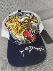 NWT Ed Hardy Tiger Blue/Black/White Mesh Trucker Hat Adjustable Snapback Unisex