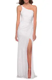 La Femme Sequin One-Shoulder Gown in White at Nordstrom, Size 2
