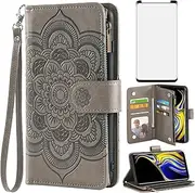 Asuwish Compatible with Samsung Galaxy Note 9 Wallet Case and Tempered Glass Screen Protector Flower Leather Flip Card Holder Cell Phone Cover for Galaxies Note9 Gaxaly Glaxay Not S9 Women Men Grey